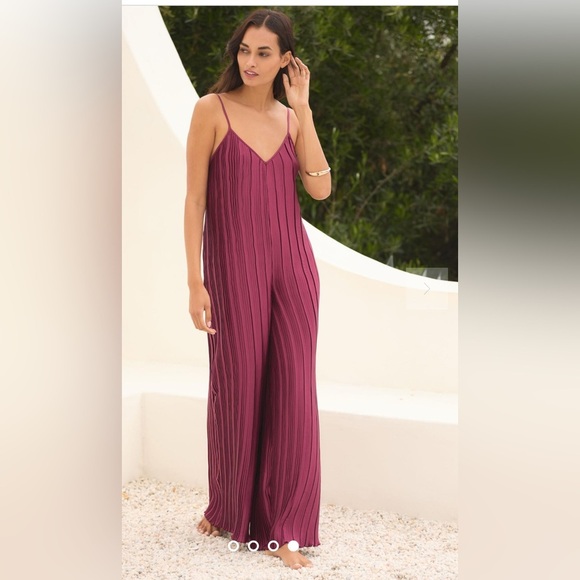 By Anthropologie Sleeveless Plissé Jumpsuit Wine Size XL - Picture 2 of 9